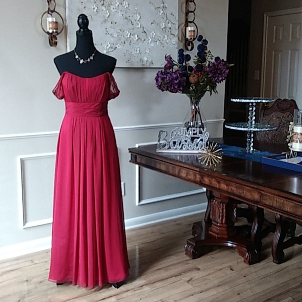 Belsoie Tiffany Chiffon Red Cap Sleeves Floor-length Gown. Size 8 - Picture 13 of 17